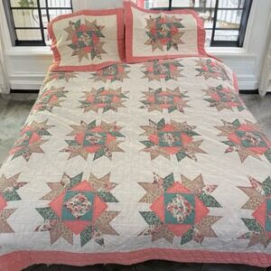 Vintage Quilt With Two Pillow Cases- Pink Patchwork Cottage Cozy 86x86 Full Size